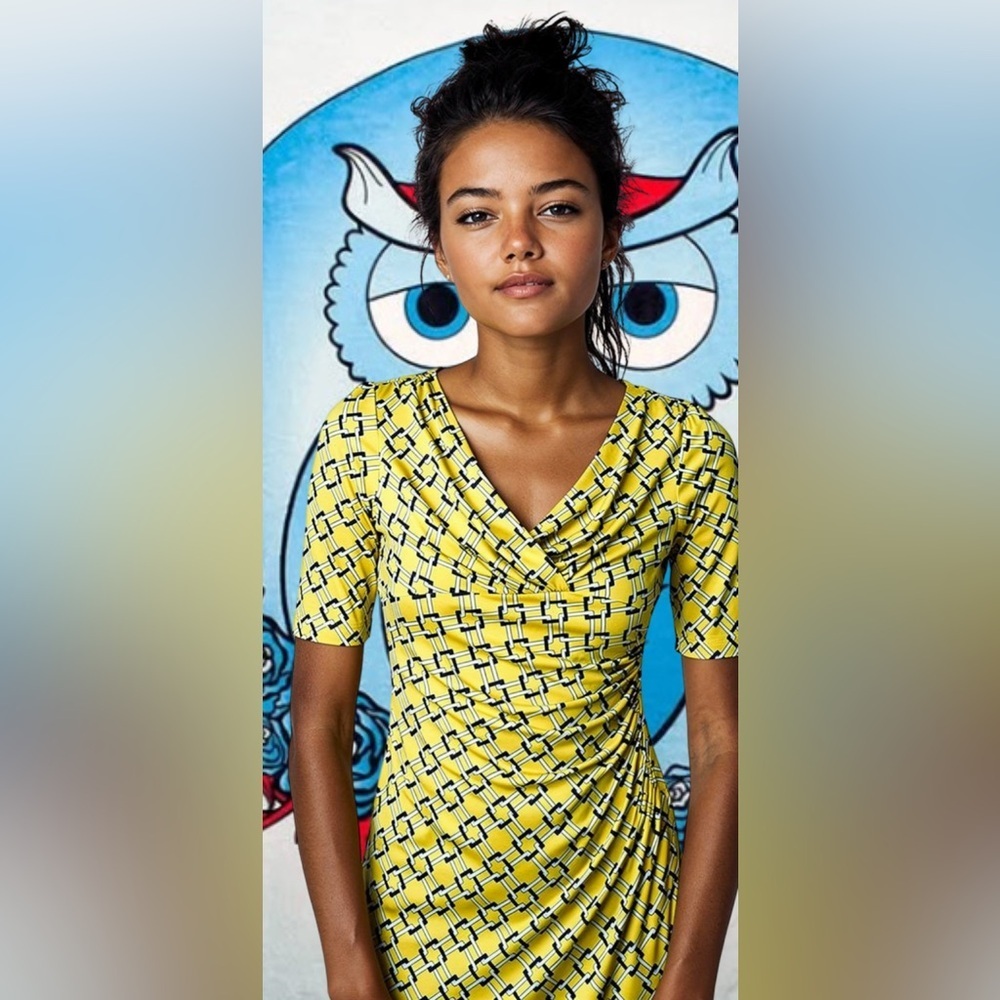 NWT-2 Ralph Lauren women’s
Ruched Yellow Wrap modern Chain pattern Dress